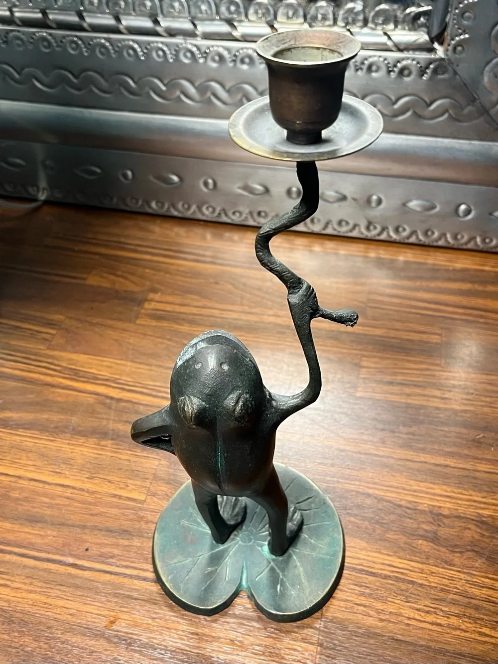 SPI Bronze Oxidized Verdigris Frog candlesticks x3 metal Art vintage